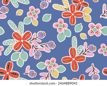 COLORFUL HAND DRAWN FLORAL SEAMLESS PATTERN WITH BLUE BACKGROUND DIGITAL SEAMLESS PRINT