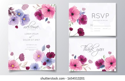 Colorful hand drawn floral wedding invitation cards