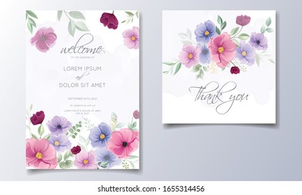 Colorful hand drawn floral wedding invitation card