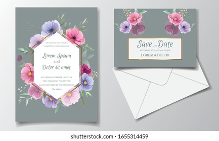 Colorful hand drawn floral wedding invitation card