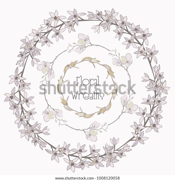 Colorful Hand\
Drawn Floral Wreaths, Round Frames with Branches, Herbs, Plants and\
Flowers. Decorative Outlined Vector Illustration. Flower Design\
Elements. Peony, Cherry\
Blossom