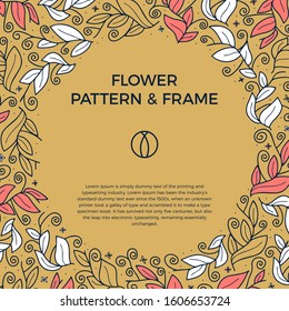 Colorful Hand Drawn Floristic Frame Border with Delicate leaf, Branches, Plants with Circle Geometric Shape. Decorative Outlined Vector Illustration. Floral Design Element with copy space for text.