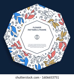 Colorful Hand Drawn Floristic Frame Border with Delicate leaf, Branches, Plants with Abstract Geometric Shape. Decorative Outlined Vector Illustration. Floral Design Element with copy space for text.