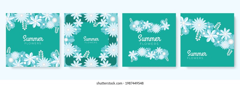 Colorful Hand drawn flower summer social media posts or stories template collection. Paper cut style floral greeting card collection for banner, poster, flier, fashion sale and much more
