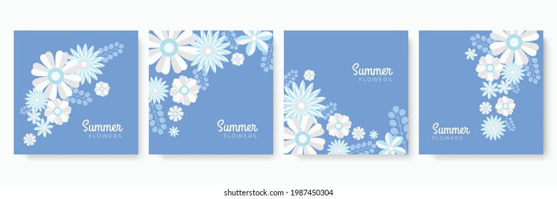 Colorful Hand Drawn Flower Summer Social Media Posts Or Stories Template Collection. Paper Cut Style Floral Greeting Card Collection For Banner, Poster, Flier, Fashion Sale And Much More