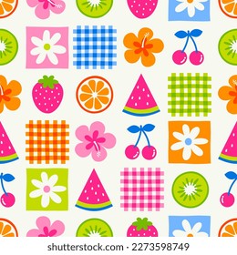 Colorful hand drawn flower, tropical fruit and plaid seamless pattern design for summer holidays background.