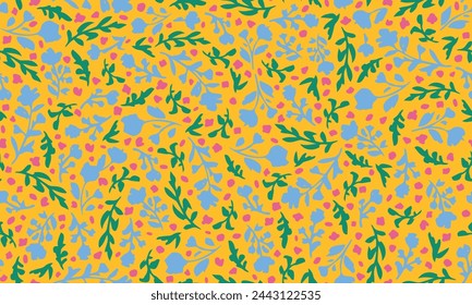 Colorful, hand drawn flowers, herbs and leaves seamless repeat pattern. Random placed, vector botany aop, all over surface print on yellow background.