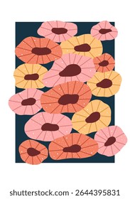 Colorful hand drawn flowers on dark background, bold and modern floral illustration.