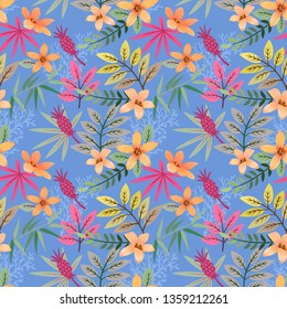 Colorful hand drawn flowers pattern vector design.