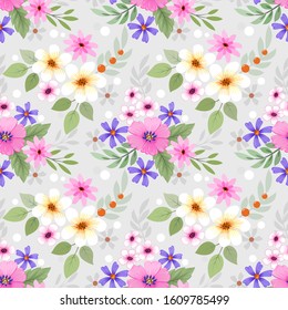 Colorful hand drawn flowers seamless pattern vector design.