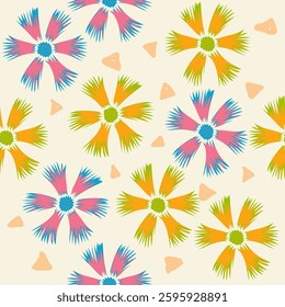 Colorful hand drawn flowers seamless pattern.Beautiful floral folk art.Abstract background surface texture background.Nature botanical tropical folk art illustration. Design for seasonal, textiles,etc