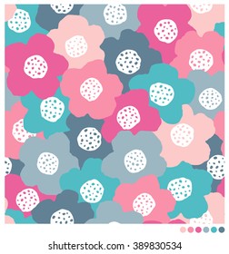 Colorful hand drawn flowers seamless vector pattern