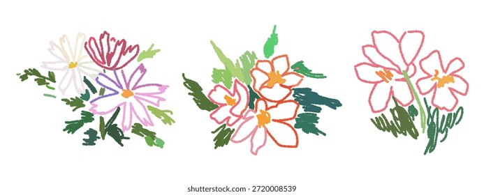 Colorido conjunto de Ilustración vectorial de flores dibujadas a mano. Colección simple moderna del cartel del arte de la flor del estilo del crayón del boceto o del cartel. Plantas de tinta, carbón, lápiz o tiza o dibujo de Elementos florales.
