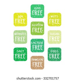 Colorful hand drawn food intolerance icon collection made in scribble technique. Diverse colors grunge rectangular with rounded corners.