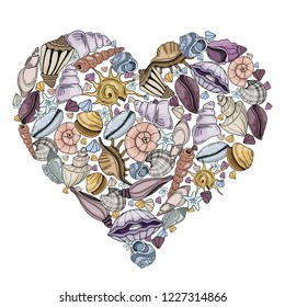 Colorful hand drawn frame for text, made of shells, corals, sea animals, on white background, vector illustration for printing on cards, invitations, blanks. Heart made of elements