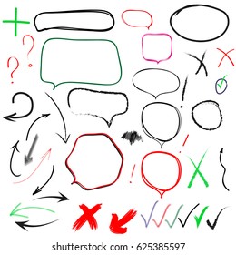 Colorful Hand Drawn Frames, Signs, Symbols, Arrows & Bubbles Isolated on White Background. Vector Illustration