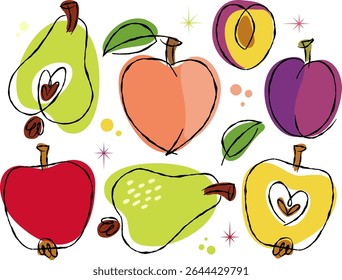 Colorful hand drawn fruit illustration set with apples, peach, plum, and pear in a retro 50s style on transparent background. 