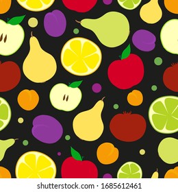 Colorful hand drawn fruit pattern on a black background. For kitchen design, food packaging, paper, interior