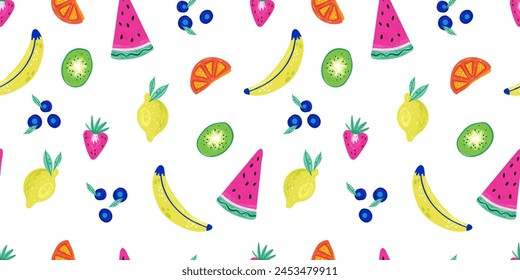 Colorful hand drawn fruit pattern with colorful design, seamless background, great for summer fabrics, banners, wallpapers - vector design