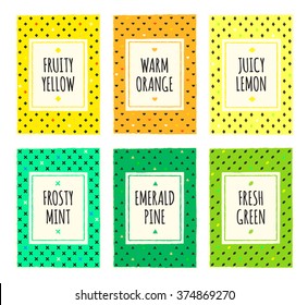 Colorful hand drawn fruit pattern cards set. Cover, label, tag, stickers, brochure title sheet. Template for scrapbooking. Creative design frame. Modern geometric texture background. A4 EPS10 vector.