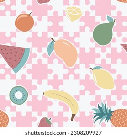 Colorful hand drawn fruits doodle on puzzle pattern background