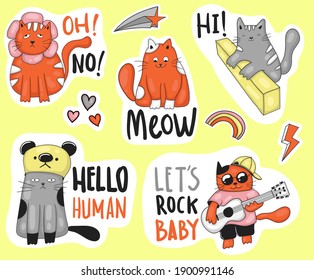 Colorful Hand drawn funny cats stickers collection