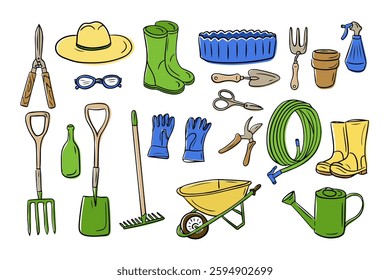 Colorful hand drawn garden tools set including shovels, gloves, watering can, wheelbarrow, rake, boots, and more, perfect for farming, gardening, and agriculture designs. Vector flat set