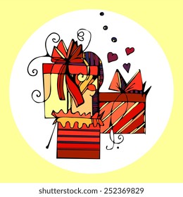 Colorful hand drawn gift boxes. Bright card template. Vector illustration.