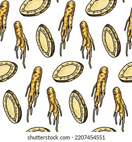 Colorful Hand drawn ginseng seamless pattern. Vector illustration in sketch style. Medicinal plant background. Botany design