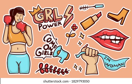 Colorful Hand drawn girl power stickers collection