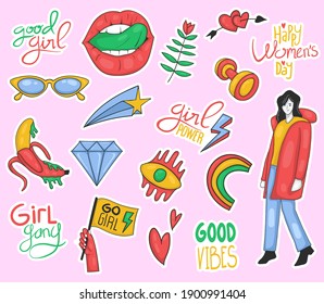 Colorful Hand drawn Girl power stickers collection