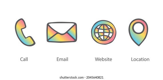 Colorful Hand Drawn Gradient Contact Icons For Call, Email, Message, Internet, Website, Location, Address For Kids Brand, Preschool Nursery Designs