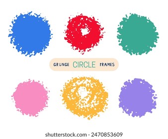 Colorful hand drawn grunge doodle charcoal, chalk brush circle frames. Graffiti style colored round borders. Spray paint effect. Vector illustration isolated on white background
