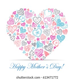Colorful hand drawn heart with different hearts.Vector illustration.