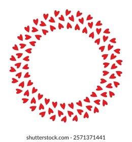 Colorful Hand drawn hearts Round Frame border in trendy red. St Valentines Day Copy space Template