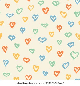 Colorful hand drawn hearts seamless all over prints. Doodled, vector love sign seamless repeat pattern.