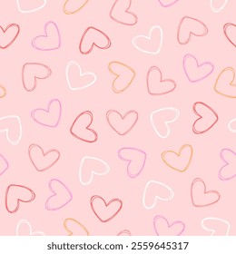 Colorful hand drawn hearts seamless pattern on pink background. Vector illustration hearts seamless pattern for background, wallpaper, wrapping and textile.