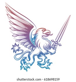 Colorful hand drawn heraldy griffon with sword isolated on white background. Vector illustration