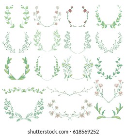 Colorful Hand Drawn Herbs, Plants and Flowers, Florals. Decorative Branches, Laurels, BracketsVector Illustration