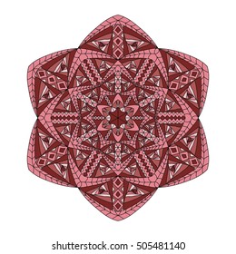 Colorful hand drawn hexagon pattern. Ethnic indian mandala. Abstract geometric ornament  made of red and pink lines, squares, triangles for umbrellas, sportswear, textile, tile