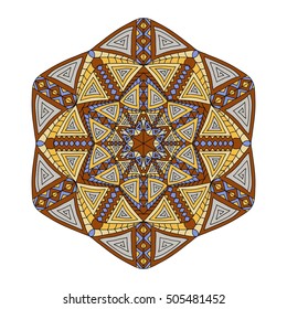 Colorful hand drawn hexagon pattern. Ethnic indian mandala. Abstract geometric ornament made of grey, yellow and brown lines, squares, triangles for umbrellas, sportswear, textile, tile