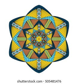 Colorful hand drawn hexagon pattern. Ethnic indian mandala. Abstract geometric ornament made of blue, yellow and orange lines, triangles, squares for umbrellas, sportswear, textile, tile