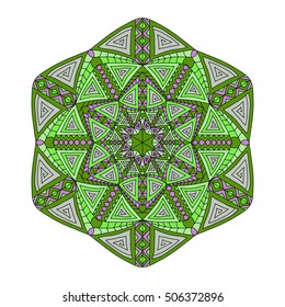 Colorful hand drawn hexagon pattern. Ethnic indian mandala. Abstract geometric ornament made of lines, triangles, squares for umbrellas, sportswear, textile, tile in green, pink and grey colors