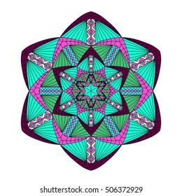 Colorful hand drawn hexagon pattern. Ethnic indian mandala in green, pink and purple colors. Abstract geometric ornament made of lines, triangles, squares for umbrellas, sportswear, textile, tile