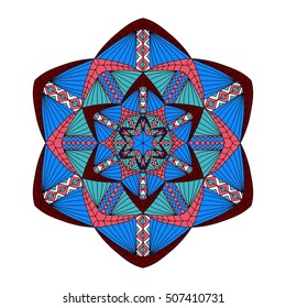 Colorful hand drawn hexagon pattern. Ethnic indian mandala. Abstract geometric ornament made of blue, pink, red and white lines, triangles, squares for umbrellas, sportswear, textile, tile