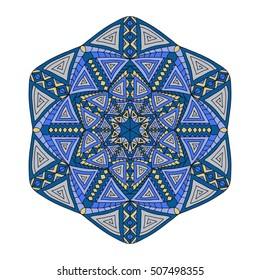 Colorful hand drawn hexagon pattern. Ethnic indian mandala. Abstract geometric ornament made of blue lines, triangles, squares for umbrellas, sportswear, textile, tile