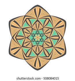 Colorful hand drawn hexagon pattern. Ethnic indian mandala. Abstract geometric ornament made of orange, grey and green lines, triangles, squares for umbrellas, sportswear, textile, tile