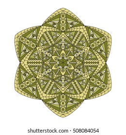 Colorful hand drawn hexagon pattern. Ethnic indian mandala. Abstract geometric ornament made of yellow lines, triangles, squares for umbrellas, sportswear, textile, tile