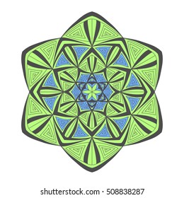 Colorful hand drawn hexagon pattern. Ethnic indian mandala. Abstract geometric ornament made of lines, triangles, squares for umbrellas, sportswear, textile, tile in green, blue and grey colors
