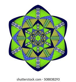 Colorful hand drawn hexagon pattern. Ethnic indian mandala. Abstract geometric ornament made of lines, triangles, squares for umbrellas, sportswear, textile, tile in green, yellow and blue colors